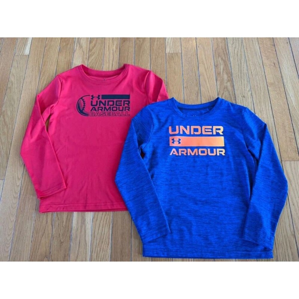 2 Under Armour Boys Sz 7 Long Sleeve Logo Baseball T-Shirts Blue & Red